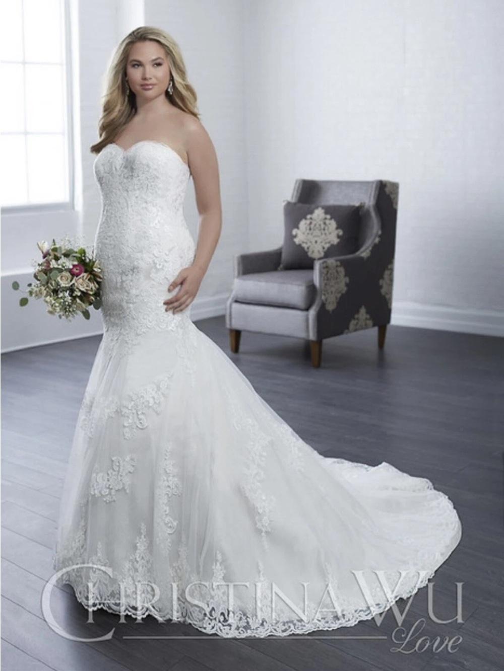 Christina Wu Love Strapless Lace Fit and Flare Wedding Gown in Ivory